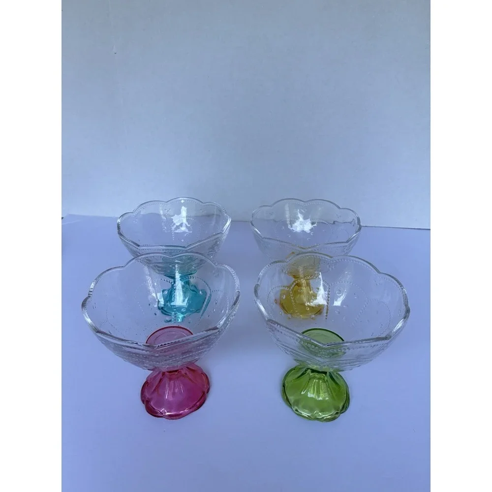 Vintage Indiana Glass Crown Kings Crown Footed Dessert Bowls Set 4 Colored Stems